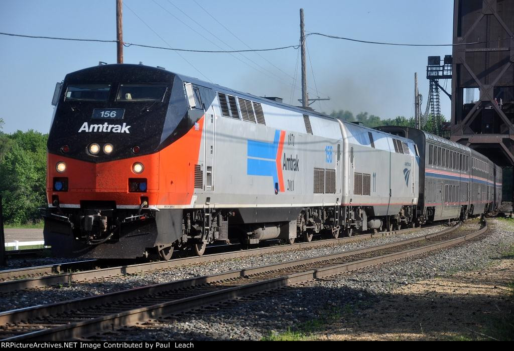 Eastbound "Empire Builder" comes off the bridge behind the Phase I Heritage unit